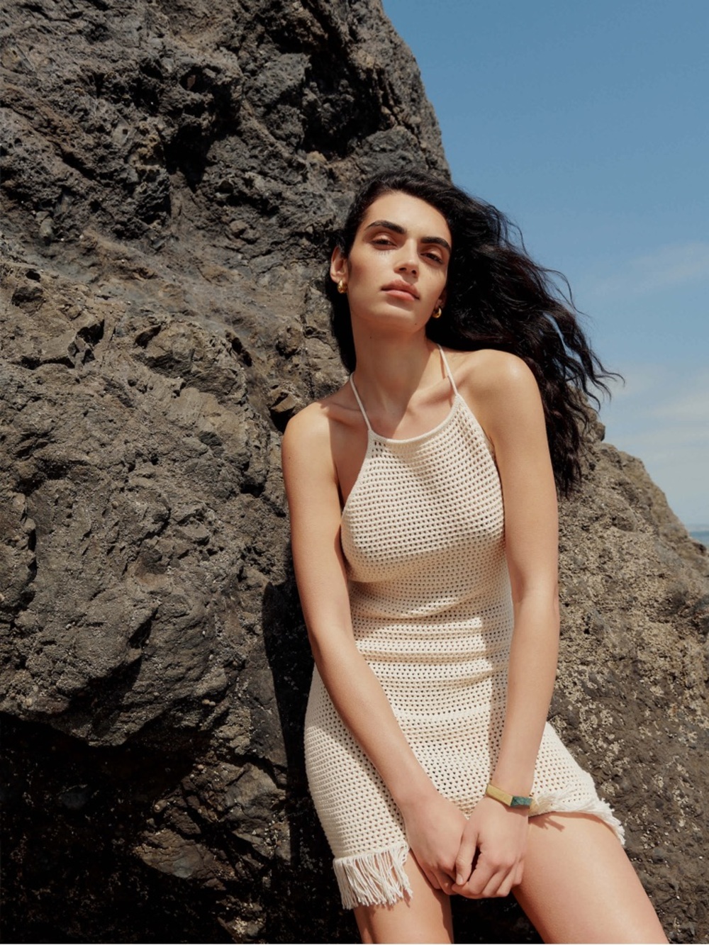 Reformation Cream Crochet Backless Halter Mini Dress